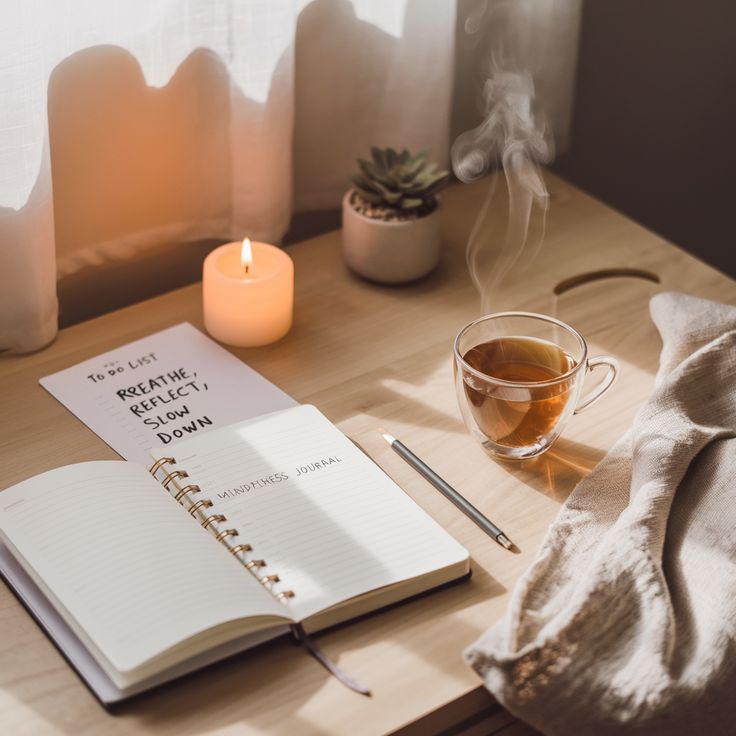 Open journal with handwritten evening routine notes beside a cup of tea on a side table